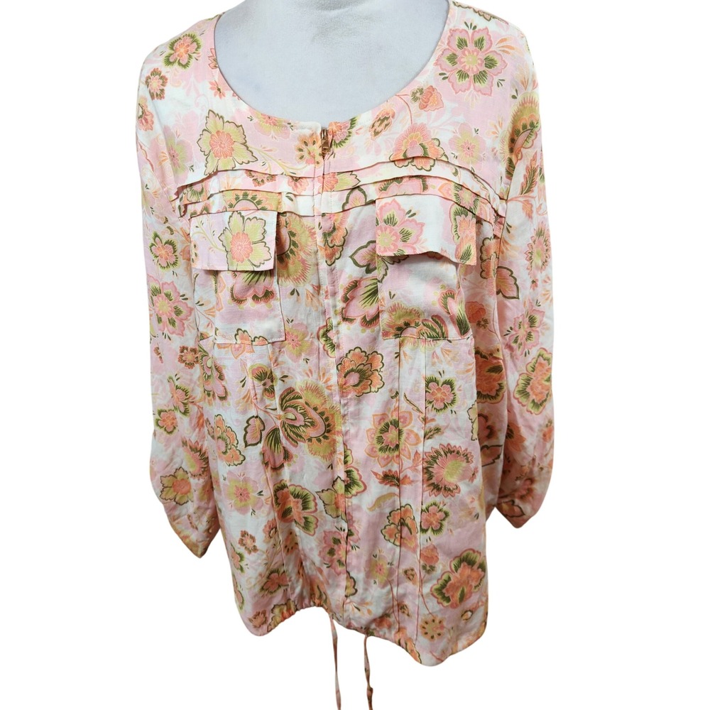 Ruby Rd Womens 2X Floral Print Lightweight Jacket Pink Peach Linen Blend Zip Top